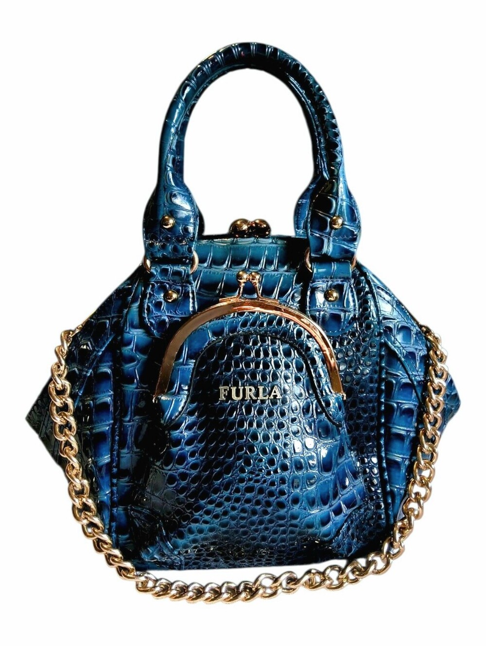 Vintage FURLA Double Kiss-Lock Blue Croc-Embossed Leather Top-Handle Bag